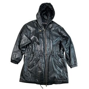 Wilsons Leather Black Hooded Leather Jacket Drawstring Waist Womens Medium M